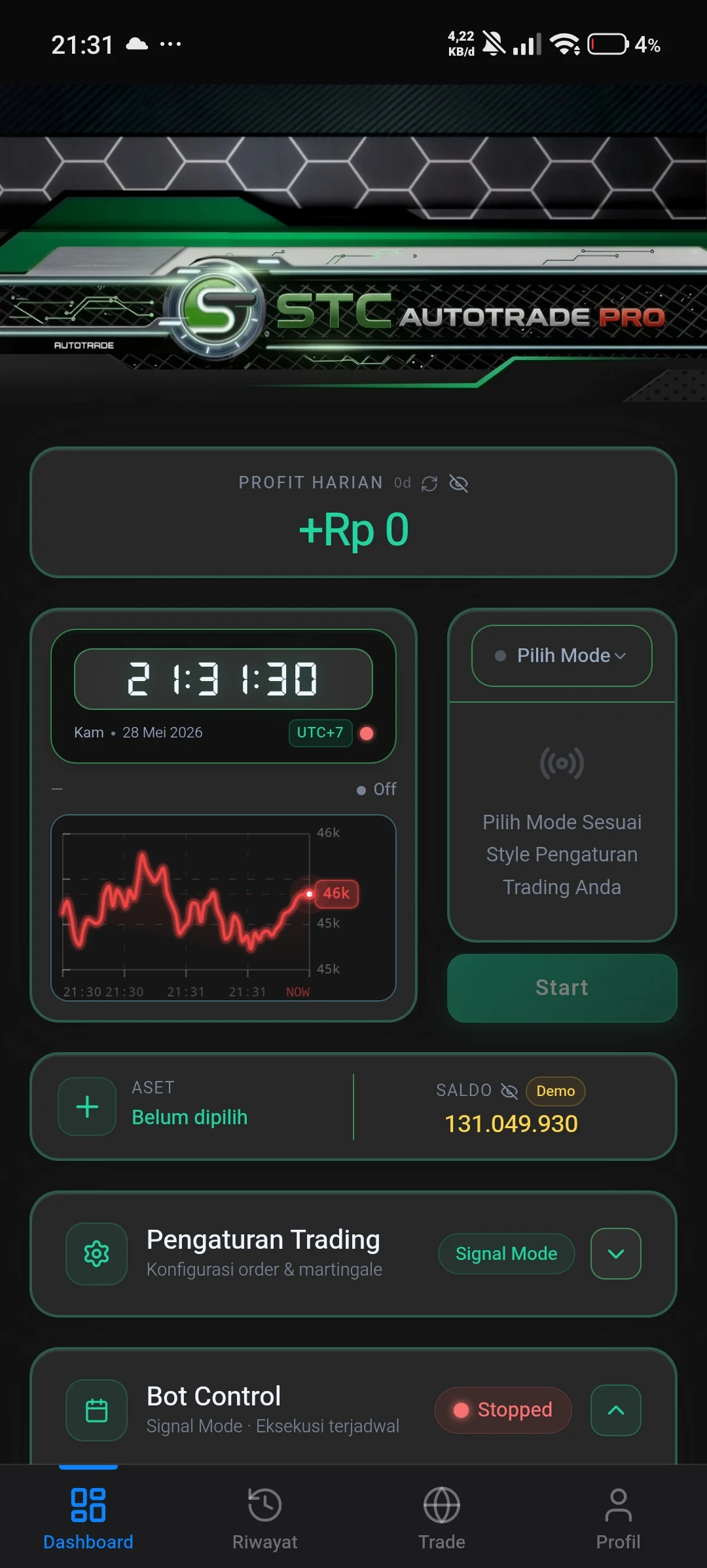 Layar utama aplikasi Koala S Pro menampilkan mode trading aktif di akun Stockity